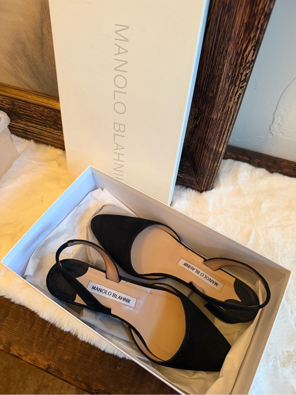 Manolo Blahnik Black Suede Pointed Slingback Heels